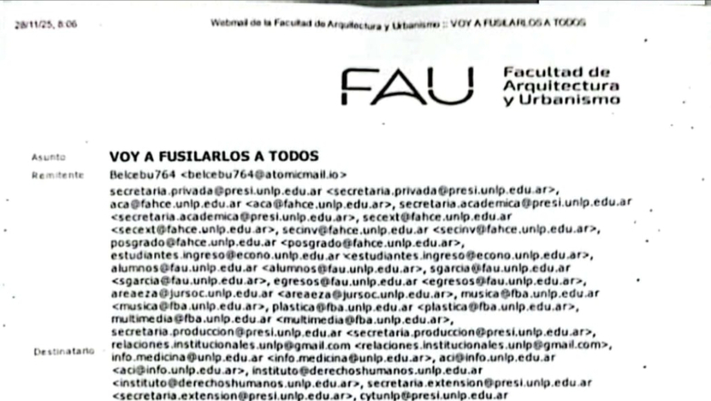 Un correo a distintas facultades de la UNLP amenazando con una "masacre"